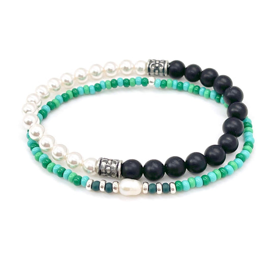 Mens black pearl bracelet set with onyx and green and aqua glass seed beads. Men's beaded bracelets. Mens pearl bracelets.
