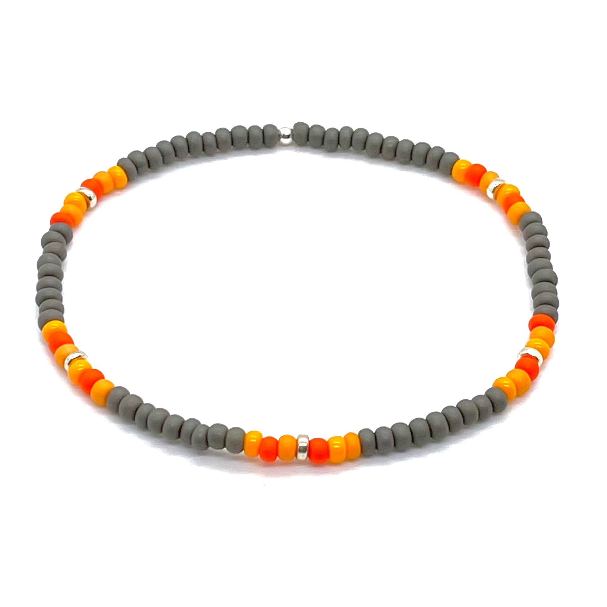 Orange men's bracelet with small gray taupe and silver-tone seed beads. Thin stretch bracelet. Waterproof.