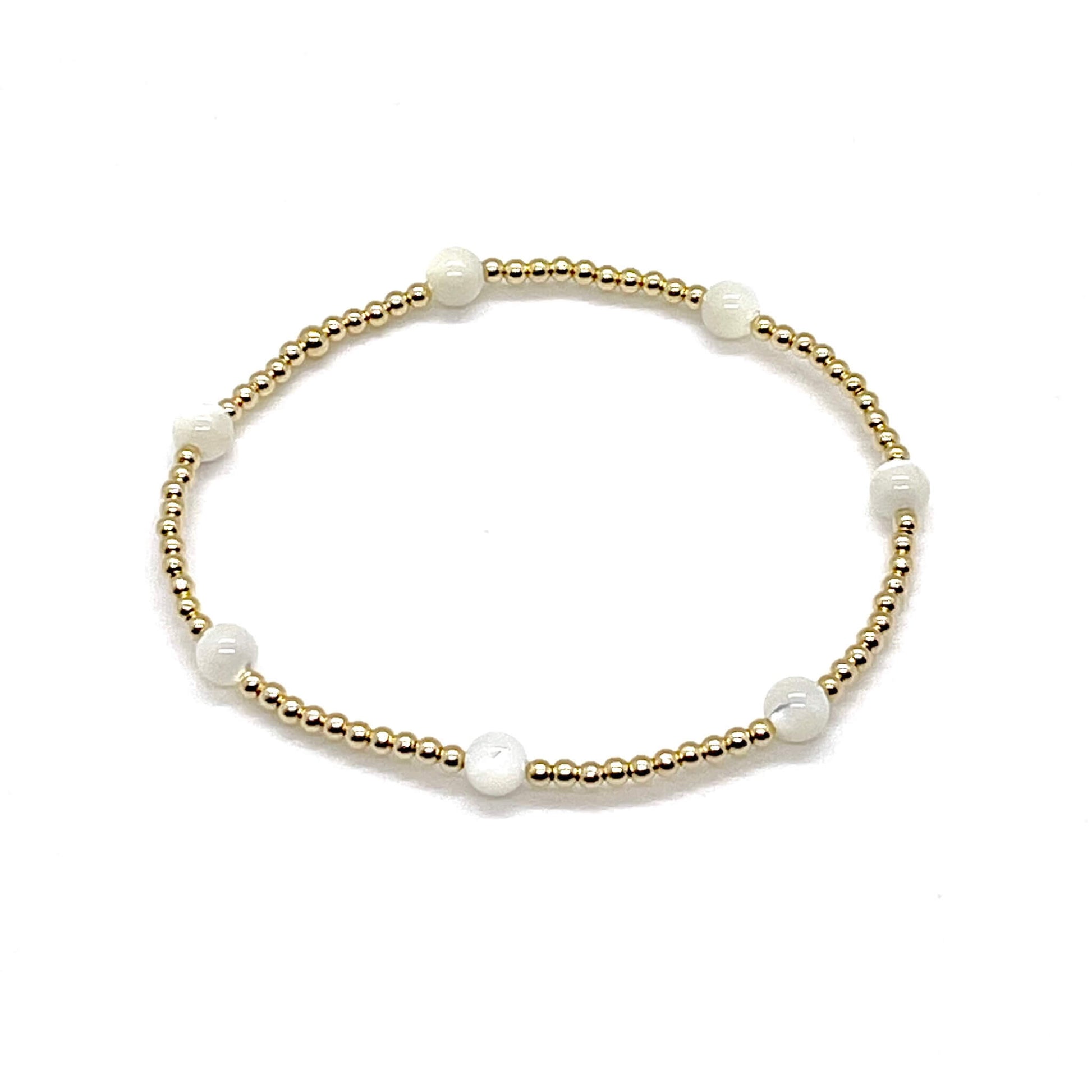 Pearl bracelet for bridesmaids with 14K gold filled 2mm beads and 4mm mother-of-pearl beads.