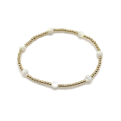 Pearl bracelet for bridesmaids with 14K gold filled 2mm beads and 4mm mother-of-pearl beads.