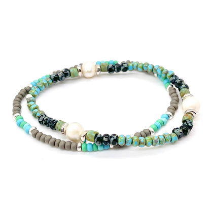 Men's pearl bracelets with turquoise, black, and gray beads and silver-plate disks. Men's pearl  jewelry.