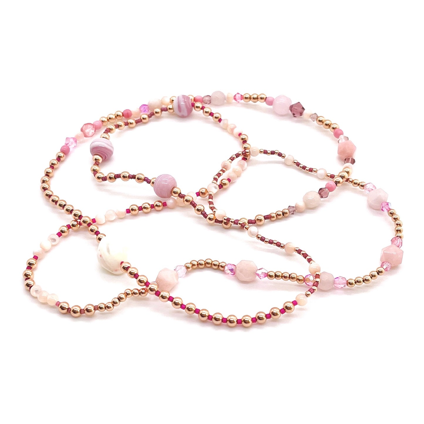 Wrap Beaded Bracelet | 6 Strand Stack | Pink/Pearl