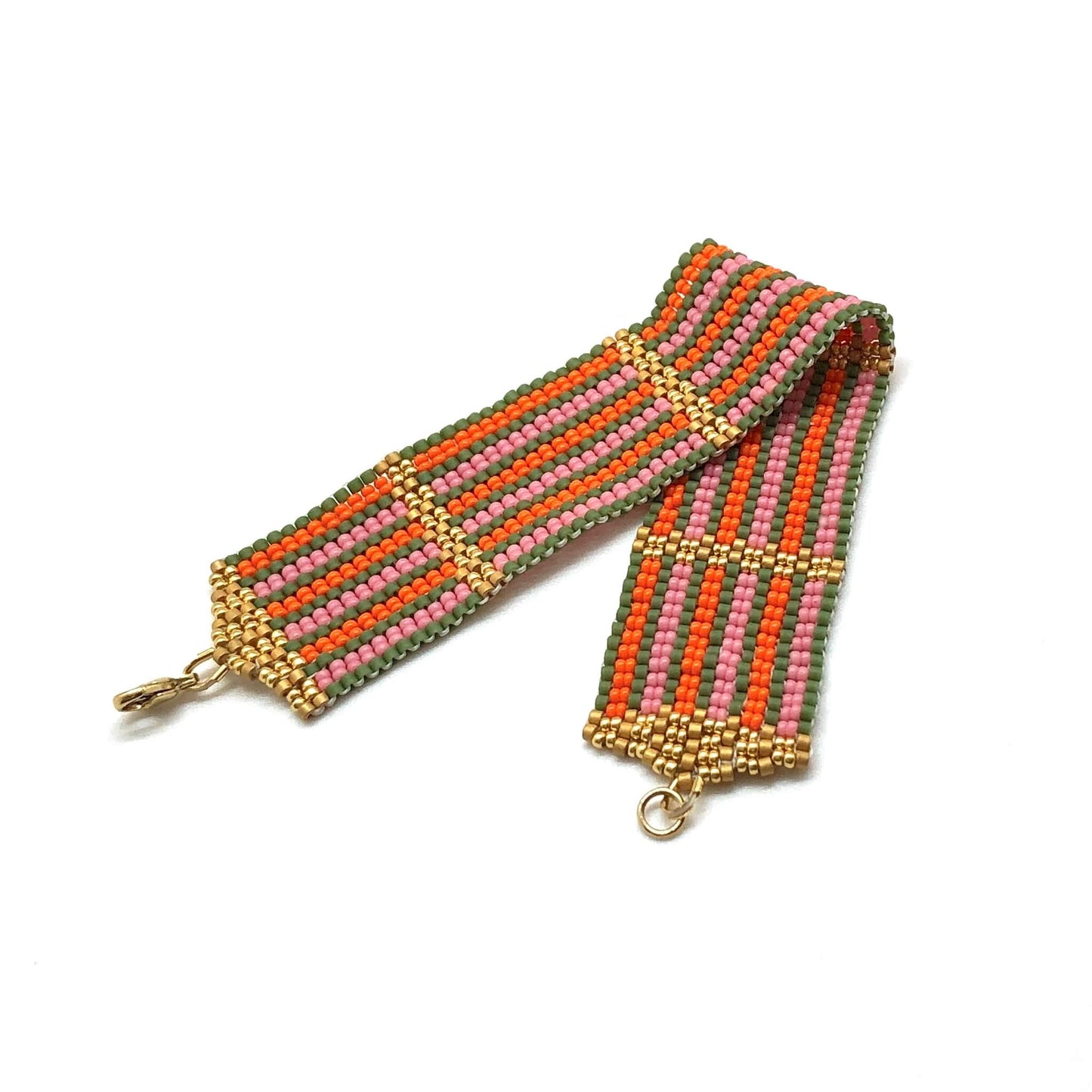 Pink, orange, and green stripes bright beaded bracelet cuff with gold tone accents. Hand woven in NYC. 14K gold filled lobster clasp.