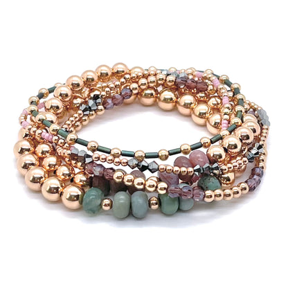 Rose Gold Bead Bracelet Stacks | Green/Purple | Sets & Singles