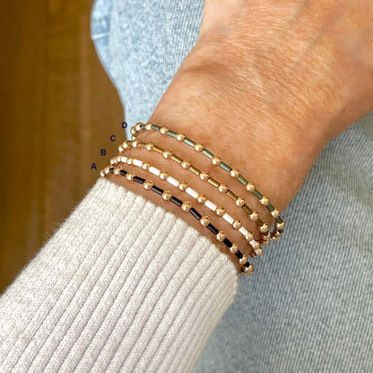 Rose gold 3mm ball and seed bead bracelets with earthy tone bugle beads on elastic.