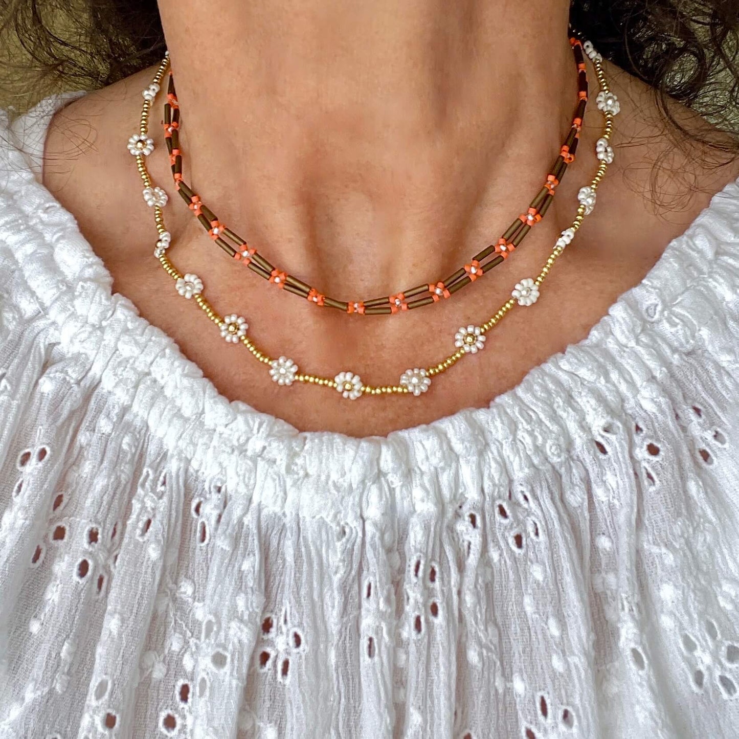 Seed bead necklaces for women with daisy chain and bugle bead style necklaces.