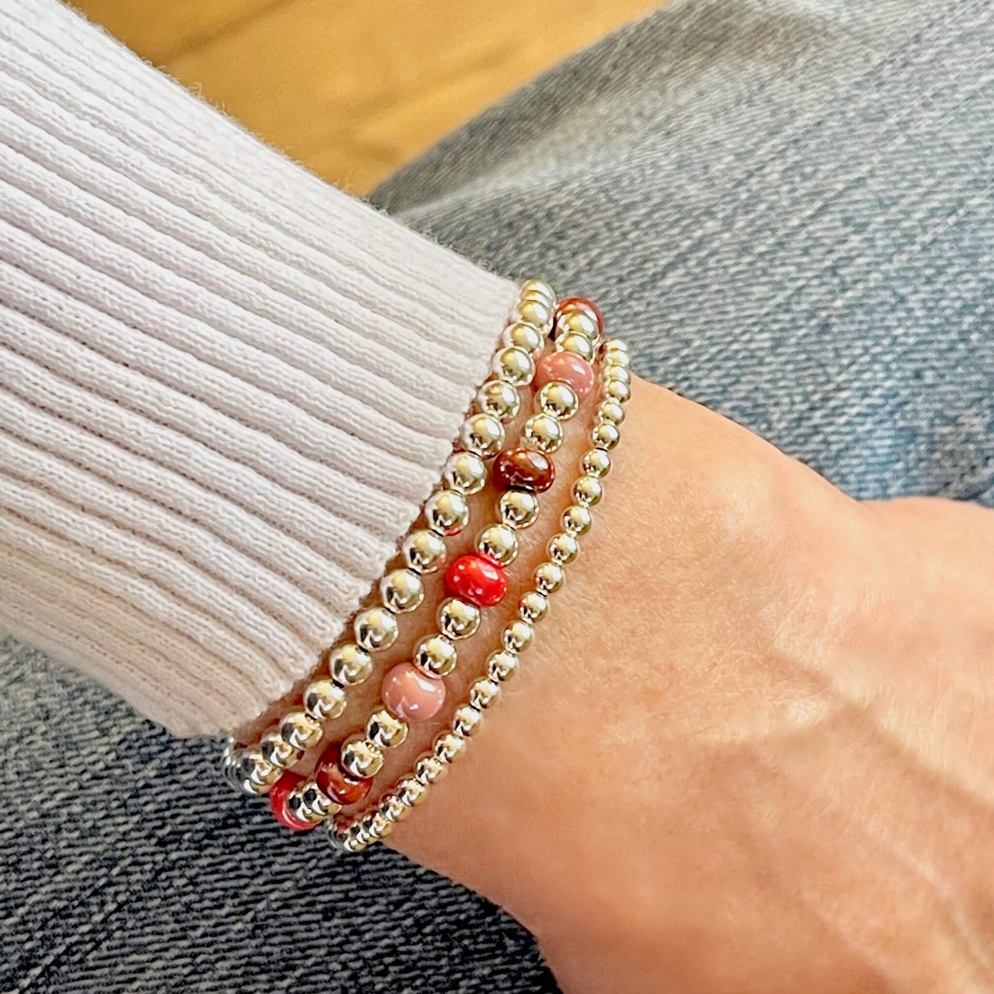 Sterling silver, red, and pink beaded bubble stretch bracelet set of 3.