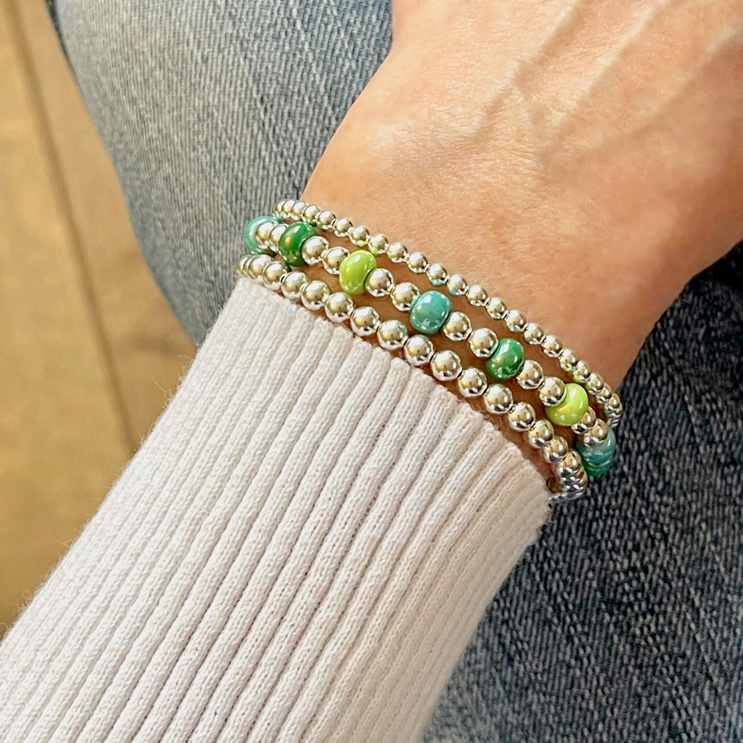 Monochomatic shades of green and sterling silver beaded ball stretch bracelet stack of 3.