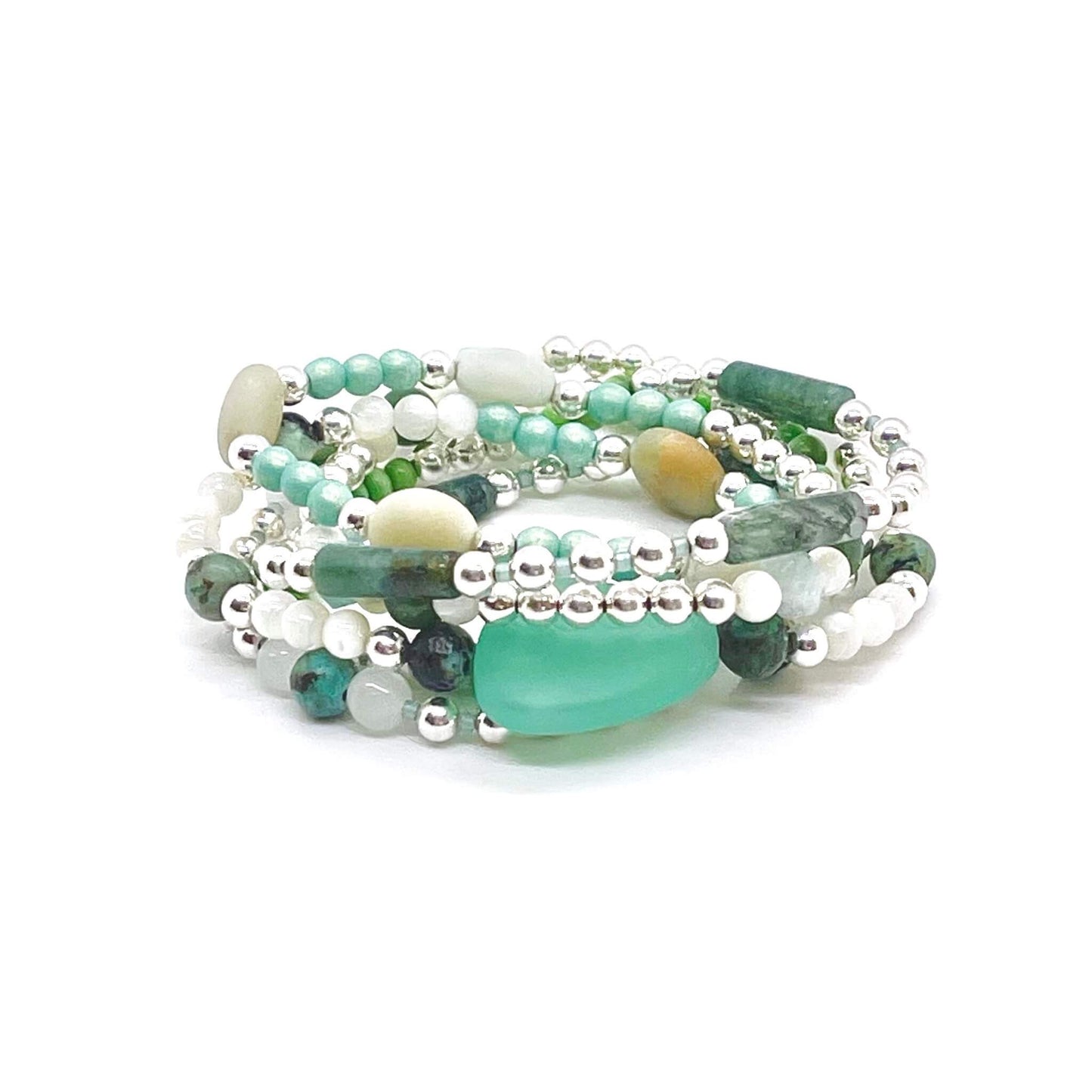 Wrap Beaded Bracelet | 6 Strand Stack | Green/Pearl