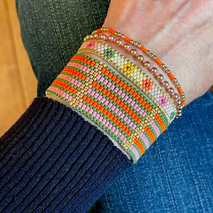 Striped Woven Bracelet with Pink/Orange/Green Beads