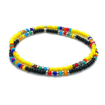 Stylish bracelets for men. Men's black bead bracelet and yellow bracelet with multi-color and silver-tone accent beads. Waterproof.