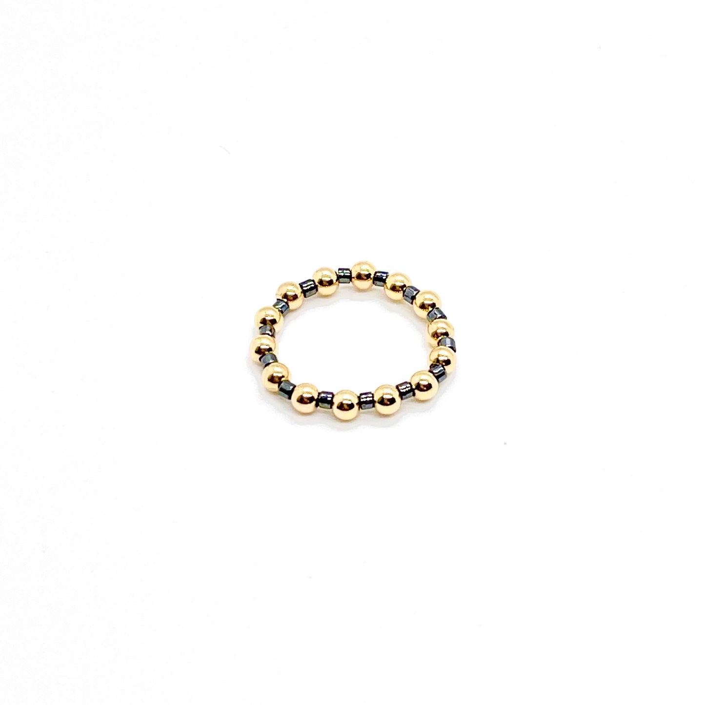 Beaded ring | 3mm 14K gold filled ball ring with black seed beads on stretch cord.