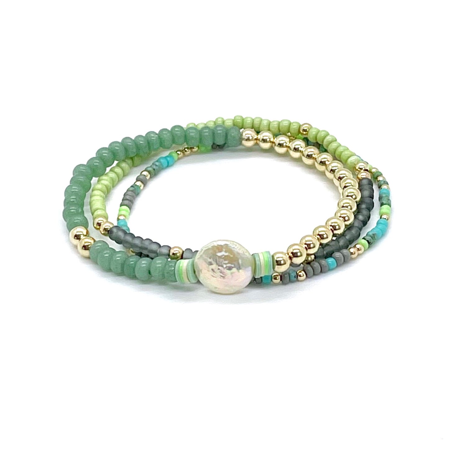 Flat freshwater coin pearl gold filled beaded stretch bracelet stack with jade, gray, and aqua glass seed and vinyl heishi beads.