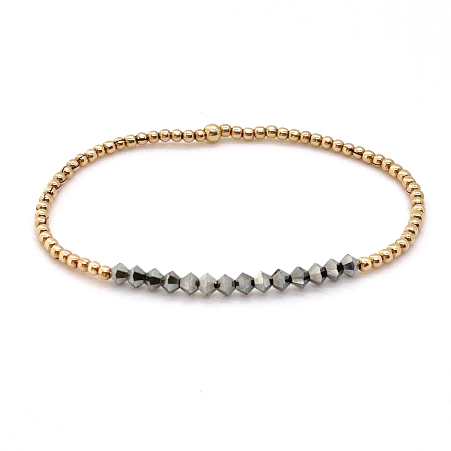 Cyrstal black hematite beads/2mm 14K gold-filled ball bead waterproof stretch bracelet.