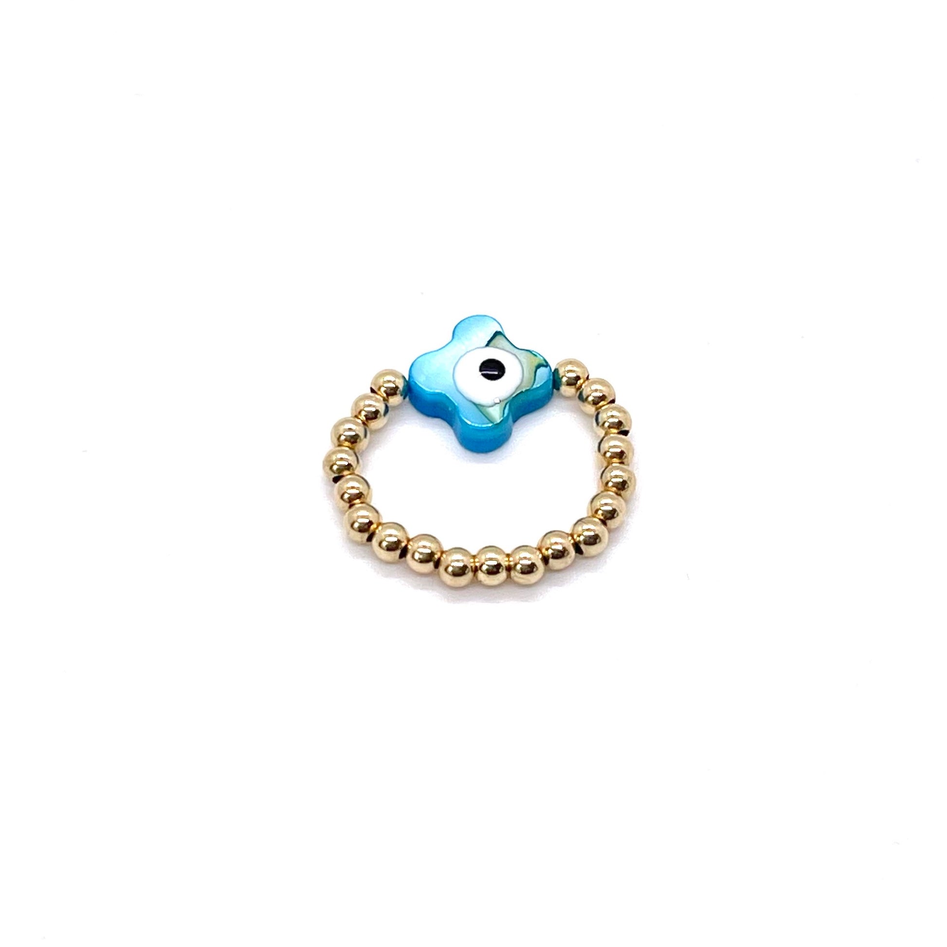 Blue evil eye shell ring with 3mm 14K gold filled ball stretch band.