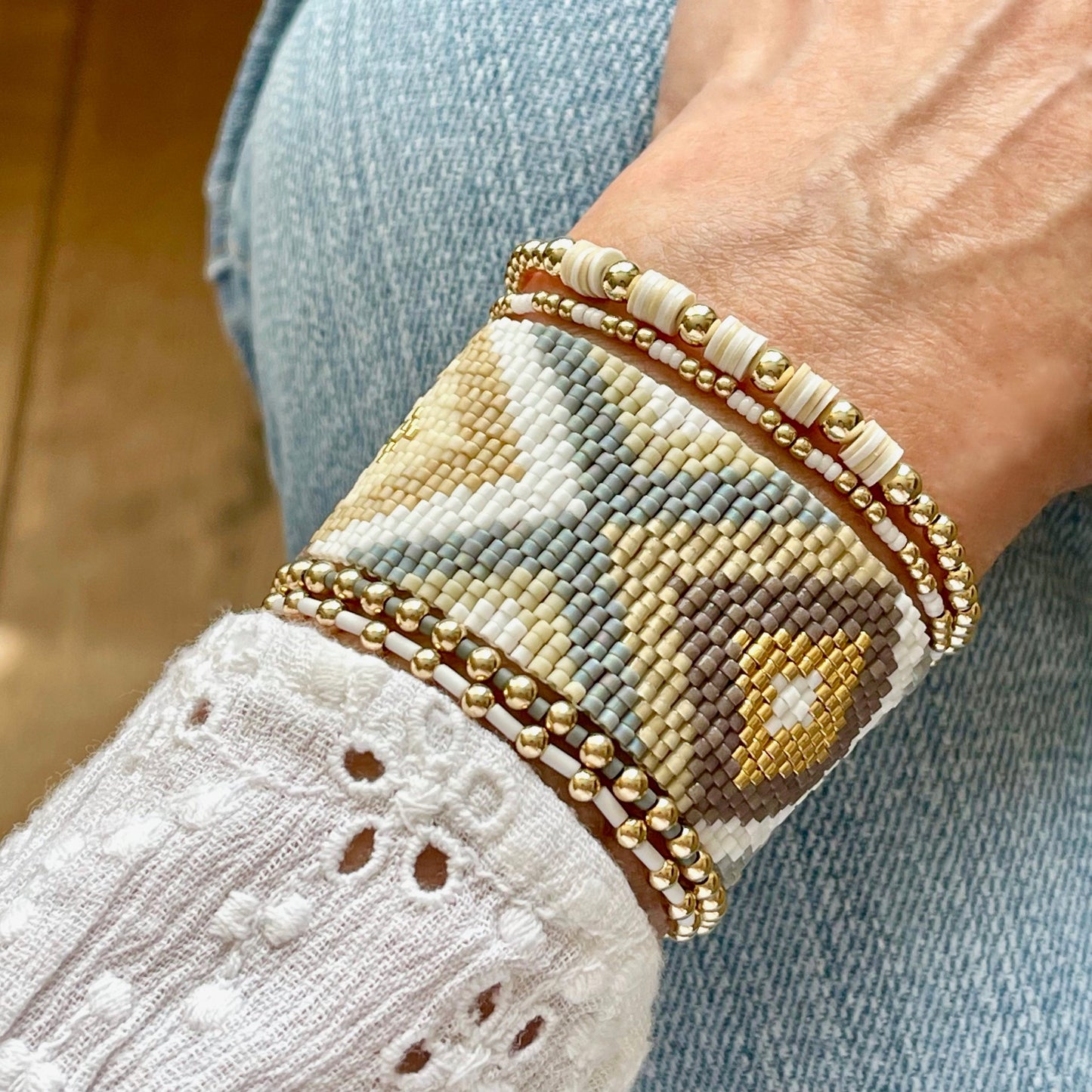 Heishi Bead Bracelet | Gold Bead Bracelets with White & Gray Seed Beads | Stack of 4