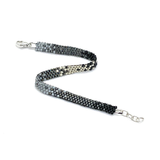 Flat beaded bracelet. Thin bracelet. Seed bead bracelet with black, slate, and gray beads.