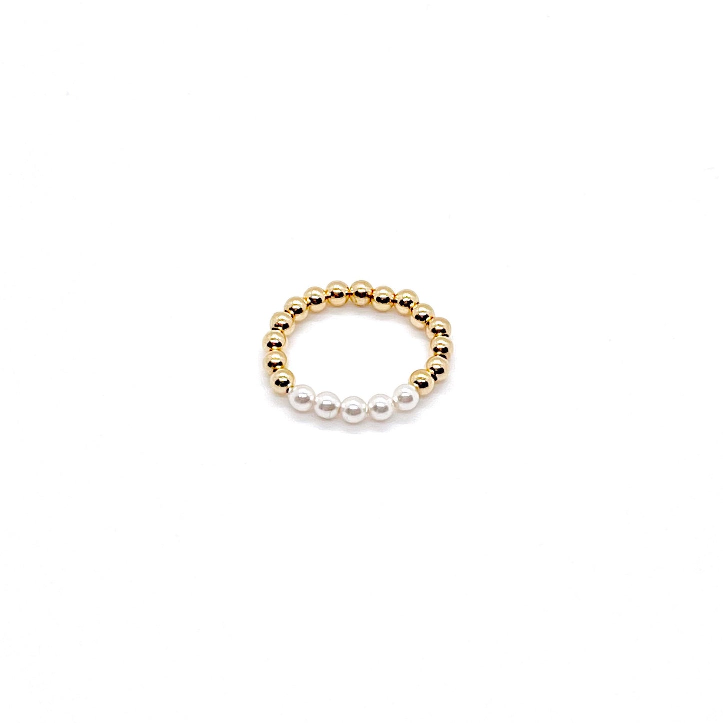 Pearl bead ring with a 3mm 14K gold filled beaded stretch band and a row of crystal pearl beads in the center.