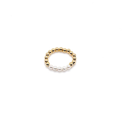 Pearl bead ring with a 3mm 14K gold filled beaded stretch band and a row of crystal pearl beads in the center.