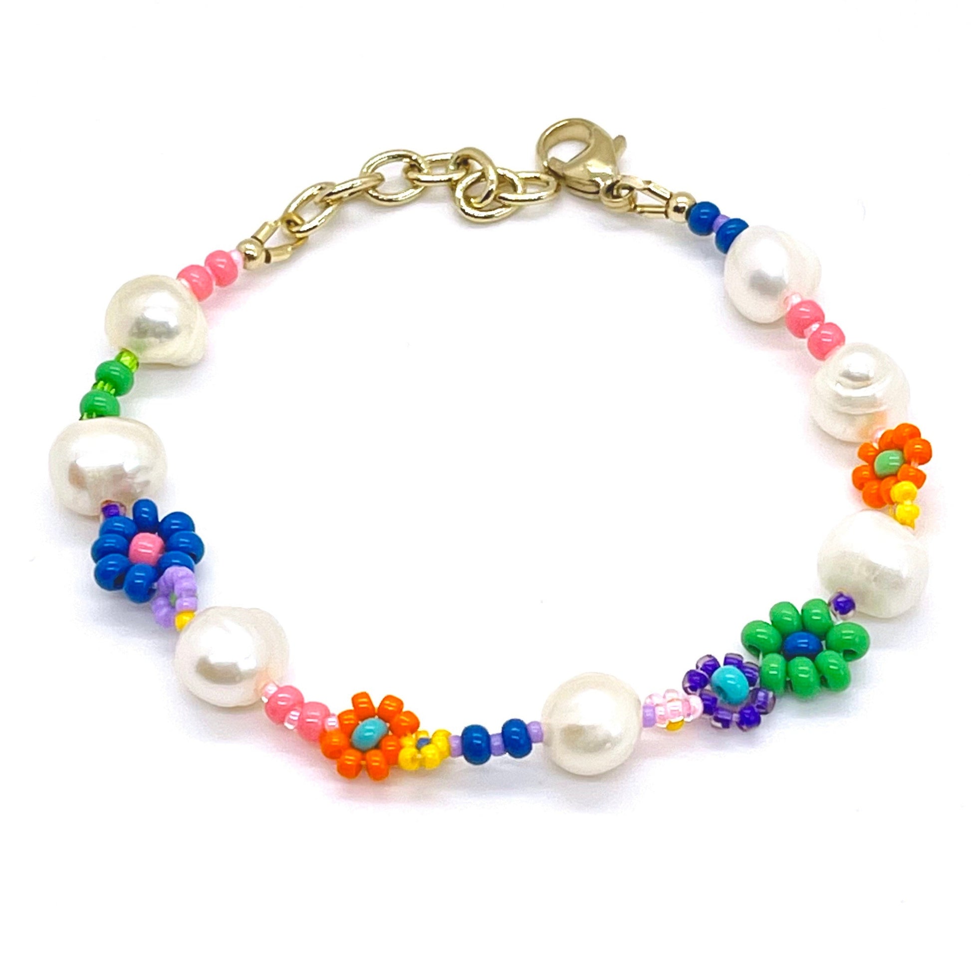 Daisy bead bracelet with freshwater pearls and bright colorful seed beads.