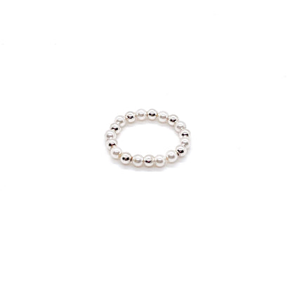 Pearl stacking ring with alternating 3mm sterling silver balls and crystal pearl beads on a stretch cord.