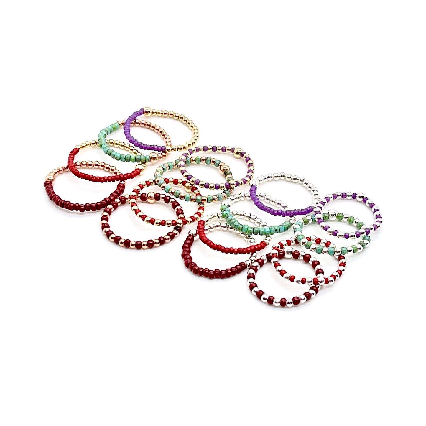 Seed bead stretch ring sets with color blocks and alterating gold fill and sterling silver 2mm ball beads.