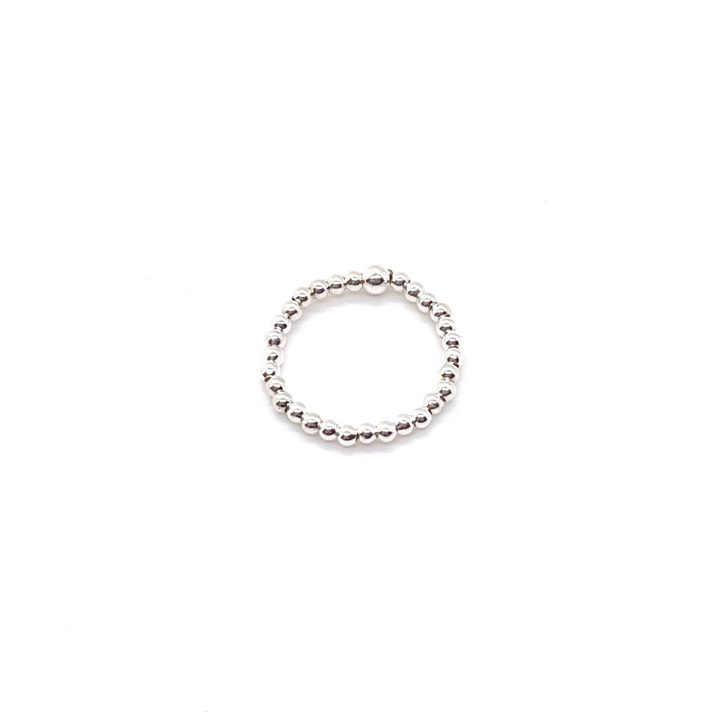 Silver ball ring with 2mm waterproof sterling silver beads on elastic stretch cord.