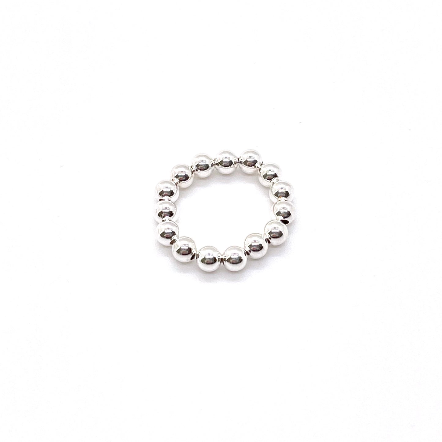 Silver bead ring with 4mm waterproof sterling silver beads on elastic stretch cord.