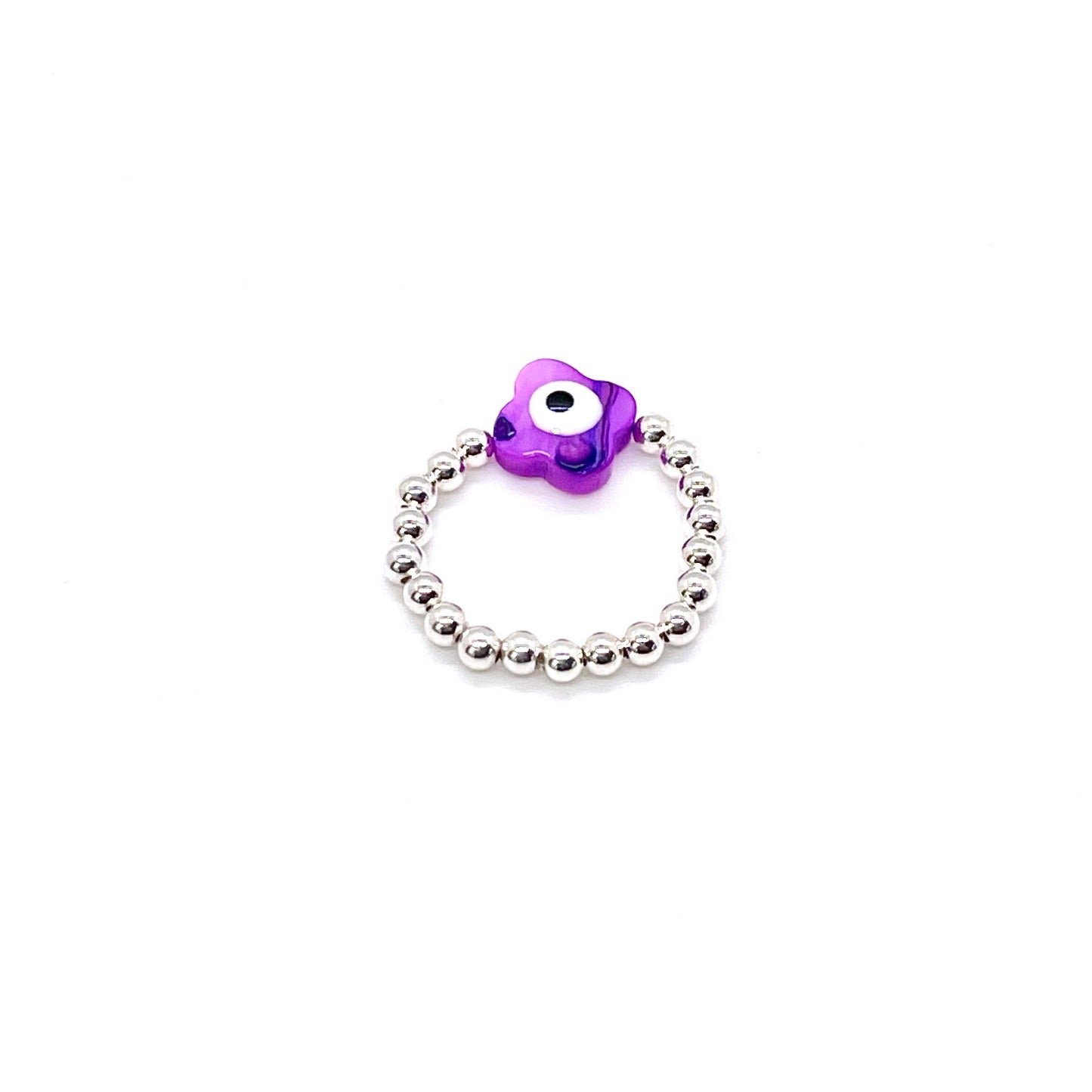 Sterling silver evil eye ring with purple shell evil eye and stretch band with 3mm silver ball beads