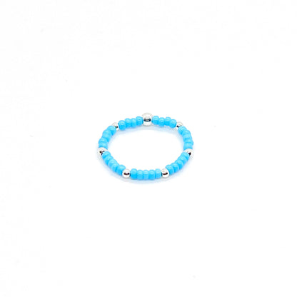 Stretch ring | Blue seed bead ring with 2mm silver ball accent beads.